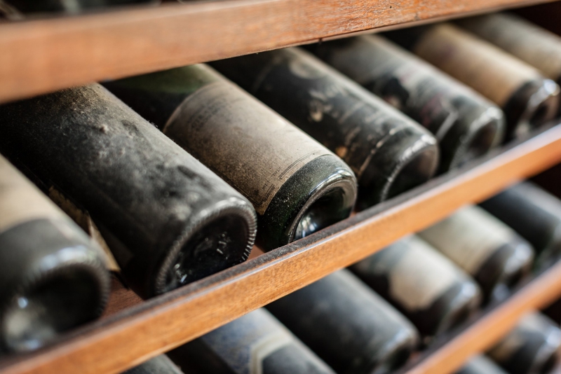 Collezione di pregiate bottiglie di vino impolverate su una mensola rustica in unelegante cantina dallo stile vintage Bike Tour Evolution